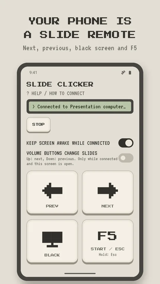 The connected remote with previous, next, black-screen and F5 keys.