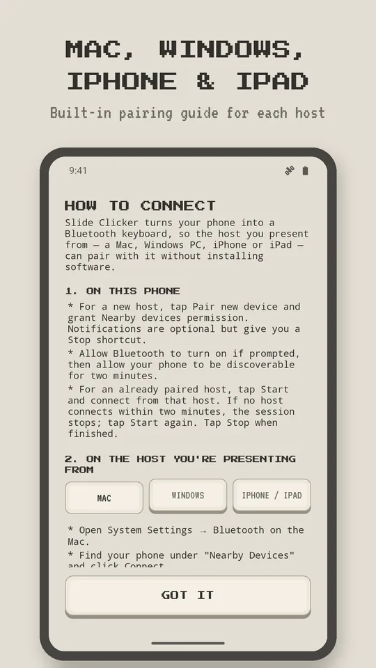 The built-in pairing guide with tabs for Mac, Windows and iPhone or iPad.